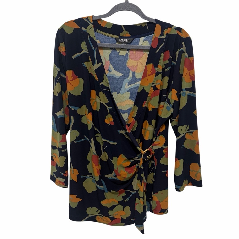Ralph Lauren Navy Blue Floral Wrap Blouse - Like New - Size XL